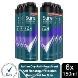 Sure Men 72H Anti-Perspirant Deodorant 150ml - Buy 6, Active Dry