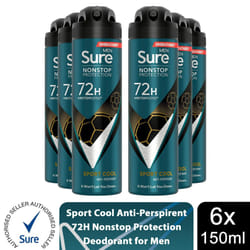 Sure Men 72H Anti-Perspirant Deodorant 150ml - Buy 6, Sport Cool