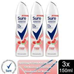 Sure Women 72H Anti-Sweat Anti-Perspirant, 150ml - Buy 3, Uplifting & Fresh