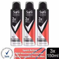 Sure Men Anti-Perspirant Deodorant 150ml, 3 or 6Pk - Buy 3, Sport Active