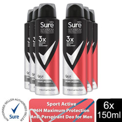 Sure Men Anti-Perspirant Deodorant 150ml, 3 or 6Pk - Buy 6, Sport Active