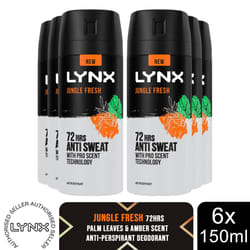 Lynx Jungle Fresh 72H Anti Perspirant Body Spray for Men, 6x150ml