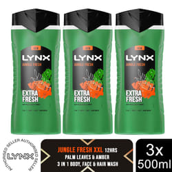 Lynx 3in1 Body, Face&Hair Wash Shower Gel Fresh Jungle Fresh 500ml 3pk