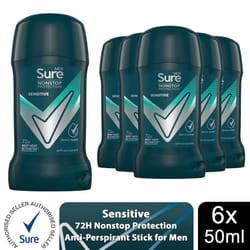 Sure Men Anti Perspirant Deodorant Stick Sensitive, 6x50ml