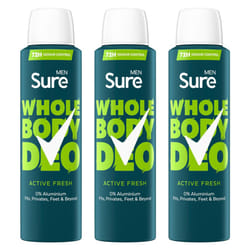 Sure Men Whole Body Deodorant Spray Active Fresh w/ 72H Odour Control 150ml, 3pk