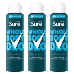 Sure Men Whole Body Deodorant Spray Ocean Rush w/ 72H Odour Control 150ml, 3pk