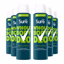 Sure Men Whole Body Deodorant Spray Active Fresh w/ 72H Odour Control 150ml, 6pk