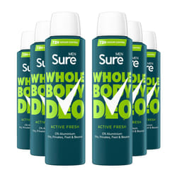 Sure Men Whole Body Deodorant Spray Active Fresh w/ 72H Odour Control 150ml, 6pk