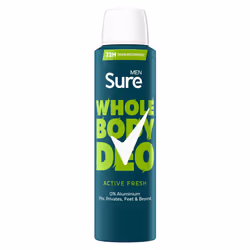 Sure Men Whole Body Deodorant Spray Active Fresh w/ 72H Odour Control 150ml, 6pk
