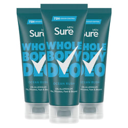 Sure Men Whole Body Deodorant Cream Ocean Rush with 72H Odour Control 75ml, 3 Pk