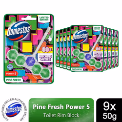 Domestos Power 5 Toilet Rim Block Pine Fresh 50g, Pk of 9