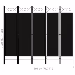vidaXL 5-Panel Room Divider Black 200x180 cm Wall Partition Screen Separator - Additional view 4