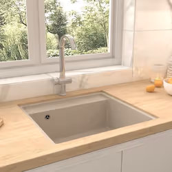 vidaXL Kitchen Sink with Overflow Hole Beige Granite Single Bowl Waste Kit