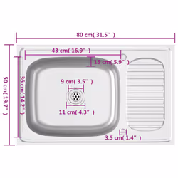 vidaXL Kitchen Sink with Drainer Set Silver 800x500x155 mm Stainless Steel - Additional view 9