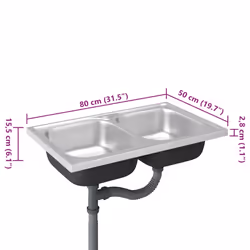vidaXL Kitchen Sink with Double Basins Silver 800x500x155 mm Stainless Steel - Additional view 8