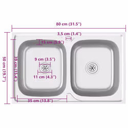 vidaXL Kitchen Sink with Double Basins Silver 800x500x155 mm Stainless Steel - Additional view 9