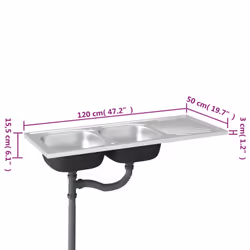 vidaXL Kitchen Sink with Double Sinks Silver 1200x500x155 mm Stainless Steel - Additional view 8