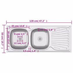 vidaXL Kitchen Sink with Double Sinks Silver 1200x500x155 mm Stainless Steel - Additional view 9