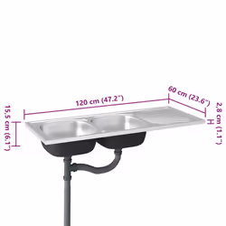 vidaXL Kitchen Sink with Double Sinks Silver 1200x600x155 mm Stainless Steel - Additional view 9