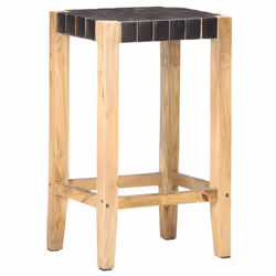 vidaXL 2x Bar Stools Black Real Leather Kitchen Dining Room Wooden Chairs - Additional view 6