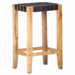 vidaXL 2x Bar Stools Black Real Leather Kitchen Dining Room Wooden Chairs - Additional view 8