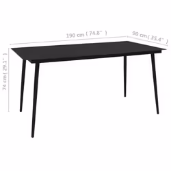 vidaXL Garden Dining Table Black 190cm Steel and Glass Outdoor Dinner Desk