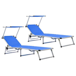 vidaXL 2x Folding Sun Loungers with Roof Aluminium&Textilene Blue Sun Bed