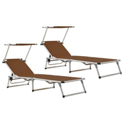 vidaXL 2x Folding Sun Loungers with Roof Aluminium&Textilene Brown Sun Bed