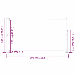 vidaXL Patio Retractable Side Awning 180x300 cm Grey Outdoor Screen Sunshade