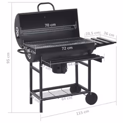 vidaXL Barrel Grill with Wheels and Shelves Black 115x85x95 cm Steel BBQ Grill - Additional view 3