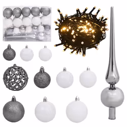 vidaXL Christmas Ball Set 61 Piece with Peak&150 LEDs White&Gey Xmas Ornament