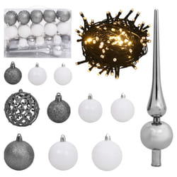 vidaXL Christmas Ball Set 61 Piece with Peak&150 LEDs White&Gey Xmas Ornament