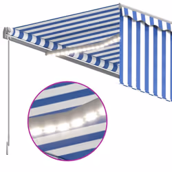 vidaXL Manual Retractable Awning with Blind&LED 3.5x2.5m Blue&White Awning Set