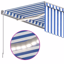 vidaXL Manual Retractable Awning with Blind&LED 4.5x3m Blue&White Patio Awning