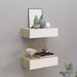 vidaXL 2x Wall Drawer Shelves Oak and White MDF Wall CabinetFloating Shelf