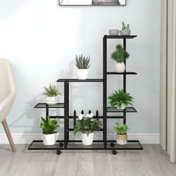 vidaXL Flower Stand with Wheel Black Metal Home Decor Plant Rack Display Shelf