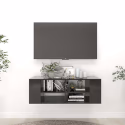 vidaXL Wall-Mounted TV Cabinet Concrete High Gloss Black Engineered Wood Unit