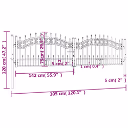 vidaXL Fence Gate with Spear Top Black Powder-coated Steel Fence Multi Sizes - 305 x 120 cm
