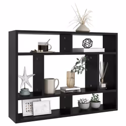 vidaXL Wall Shelf Black Engineered Wood Hanging Wall Display Shelf Cabinet Set