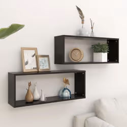 vidaXL 2x Wall Shelf Black Engineered Wood Wall-Mounted Floating Hanging Shelf