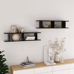 vidaXL 2x Wall Shelf Black Engineered Wood Wall-Mounted Hanging Floating Shelf