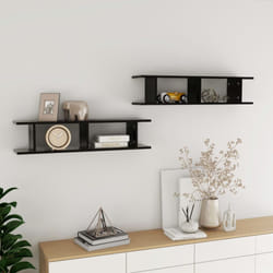 vidaXL 2x Wall Shelf Black Engineered Wood Wall-Mounted Hanging Floating Shelf