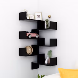 vidaXL 2x Wall Corner Shelf Black Engineered Wood Wall-Mounted Hanging Shelf
