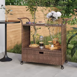 vidaXL Bar Cart with Drawer Brown Poly Rattan Serving Trolley Kitchen Cart