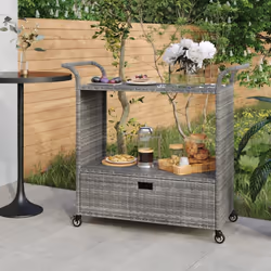 vidaXL Bar Cart with Drawer Grey Poly Rattan Serving Trolley Kitchen Cart