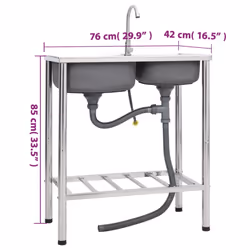 vidaXL Camping Sink Single Basin with Tap Stainless Steel Sink Multi Sizes - 76 x 42 x 18.5 cm - Additional view 5