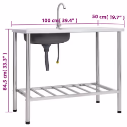 vidaXL Camping Sink Single Basin with Tap Stainless Steel Garden Garage Sink