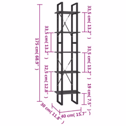 vidaXL Pinewood 5-Tier Book Cabinet Grey Storage Rack Book Organiser Bookcase - Additional view 6