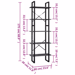 vidaXL Pinewood 5-Tier Book Cabinet Grey Home Bookcase Bookshelf Storage Rack