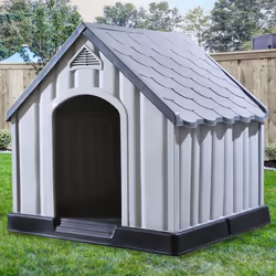 vidaXL Dog House Grey Plastic Outdoor Garden Dog Pet Supply Cage Kennel Cabin